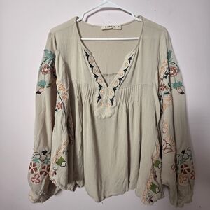Three Bird Nest Embroidered Boho Blouse Cream Bell Sleeve Peasant Top Size M